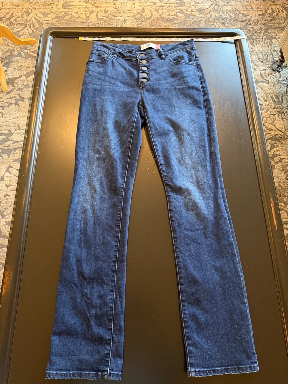 CAbi button fly straight Dark Blue High-Rise Wide-Leg Button-Fly Jeans